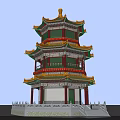 Traditional Ancient Chinese Tower With Yellow Roof Green Windows Red Pillars And White Base