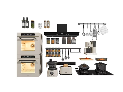 Complete Kitchenware Set with Oven Spice Jars Coffee Machine Pans and Cooking Utensils 3d model