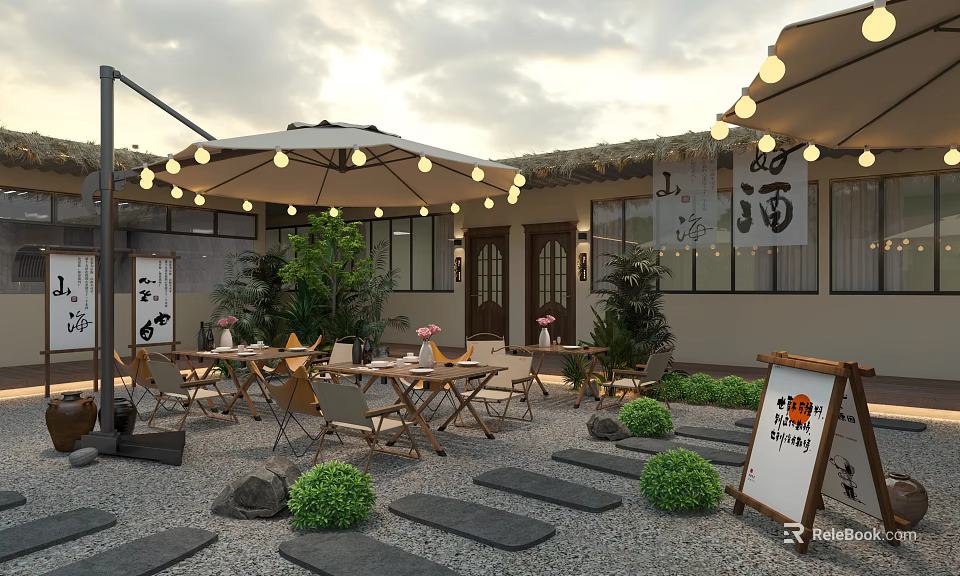 Outdoor Garden Landscape With Umbrellas String Lights Tables Chairs Stone Paths And Shrubs 3d model 