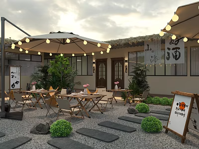 Outdoor Garden Landscape With Umbrellas String Lights Tables Chairs Stone Paths And Shrubs 3d model