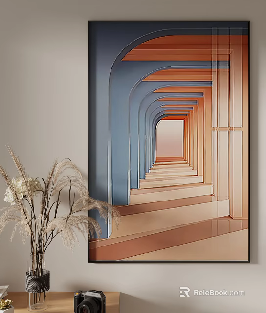 Modern Interior Architectural Perspective with Blue and Orange Arches and Dried Plant Decoration 3d model 
