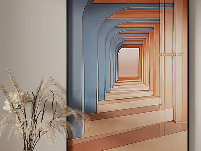 Modern Interior Architectural Perspective with Blue and Orange Arches and Dried Plant Decoration 3d model