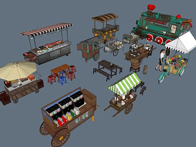 Public Facilities Featuring Street Food Stalls And Train Shaped Carts With Awnings Umbrellas And Tables 3d model
