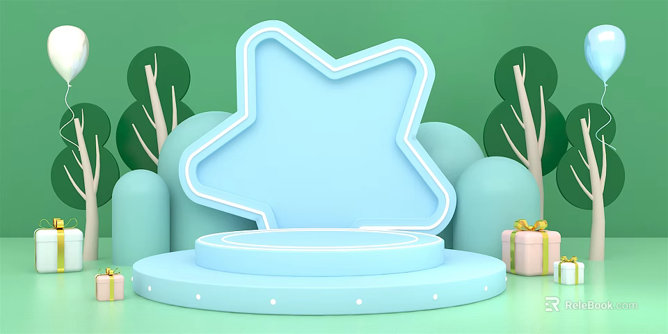 Light Blue Star Shaped Frame Product Display Platform With Green Background Tree Decorations Gift Box 3d model