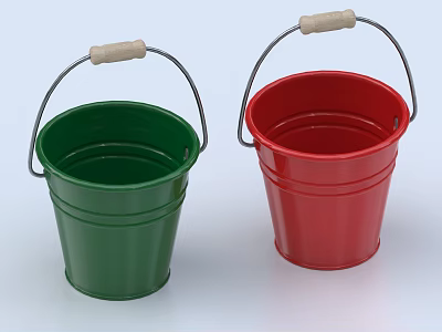 Green And Red Metal Buckets With Wooden Handles For Daily Household Use 3d model