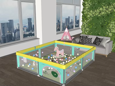 Colorful Kids Ball Pit With City View Through Windows Green Plant Wall And Sofa 3d model