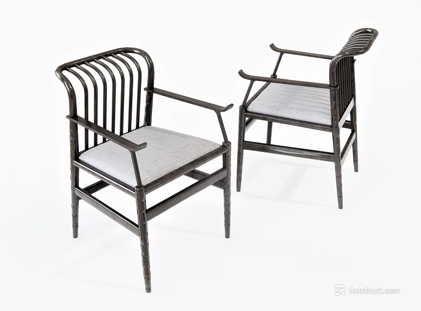 Two Modern Leisure Chairs With Black Frame Light Gray Cushion And Armrests 3d model 