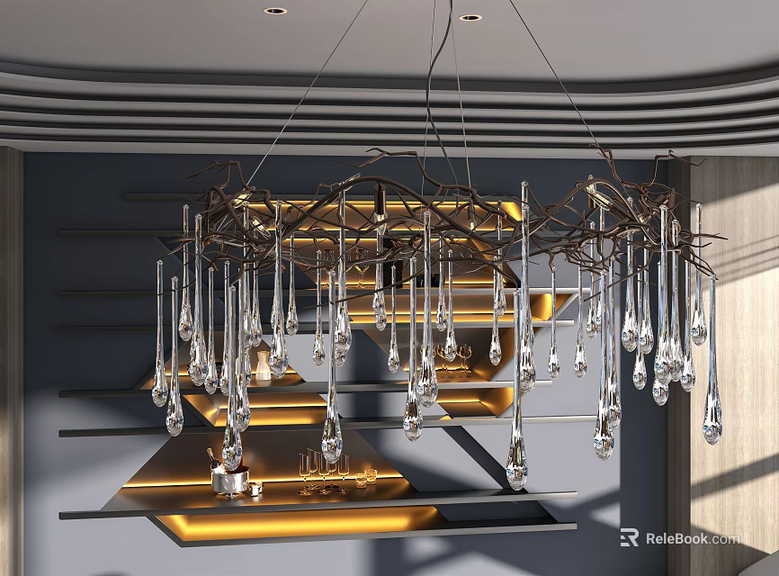 Elegant Crystal Chandelier With Geometric Metal Frame And Sparkling Crystal Pendants In Modern Interior 3d model 