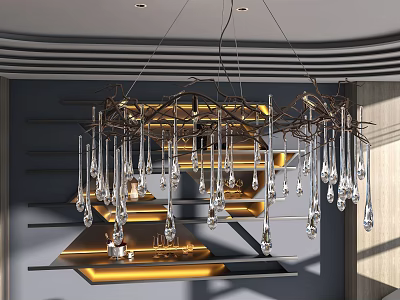 Elegant Crystal Chandelier With Geometric Metal Frame And Sparkling Crystal Pendants In Modern Interior 3d model