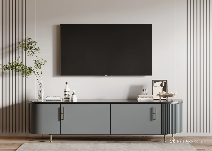 Modern Grey TV Stand With Cabinet Doors Gold Legs Decorative Items And Green Plant 3d model 