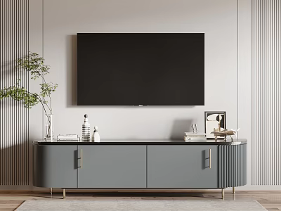Modern Grey TV Stand With Cabinet Doors Gold Legs Decorative Items And Green Plant 3d model