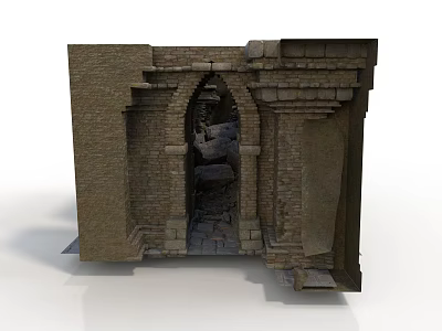 Detailed Ancient Brick Ruins Structure With Arched Doorway And Weathered Walls 3d model