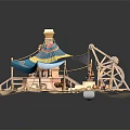Cartoon Scene With Blue And Yellow Tent Wooden Structure Gear Decorations On White Base