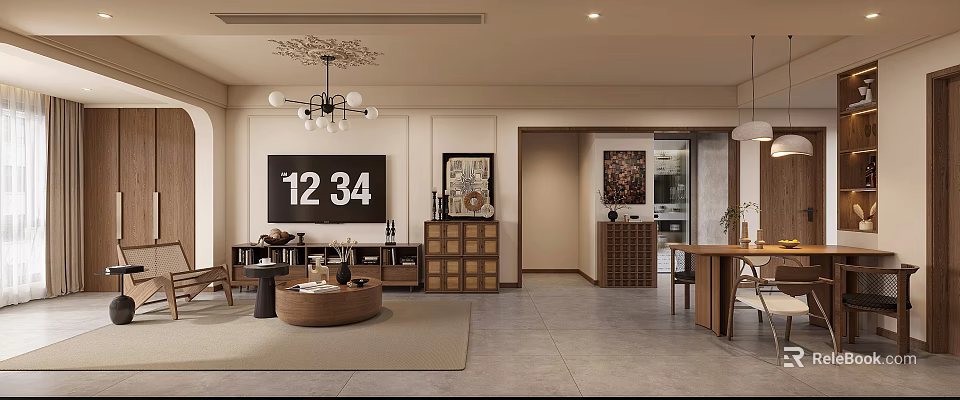 Modern Living And Dining Room Interior With Chandelier TV Decorative Paintings And Round Coffee Table 3d model 