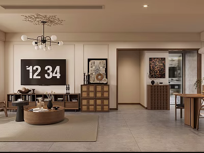 Modern Living And Dining Room Interior With Chandelier TV Decorative Paintings And Round Coffee Table 3d model