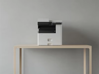 White Office Multifunction Printer Placed On Light Wooden Table With Gray Background Wall 3d model