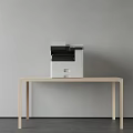 White Office Multifunction Printer Placed On Light Wooden Table With Gray Background Wall 3d model