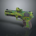 Modern Military Style Futuristic Pistol With Green Camouflage Pattern Tactical Scope And Ergonomic Grip