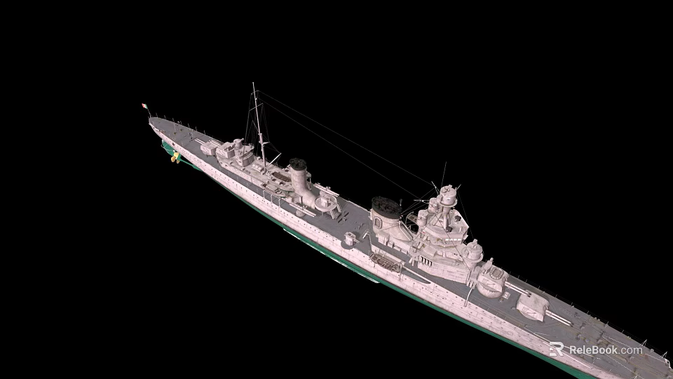 Warship Battleship Top View With Deck Turrets Masts and 3D Model Details 3d model 