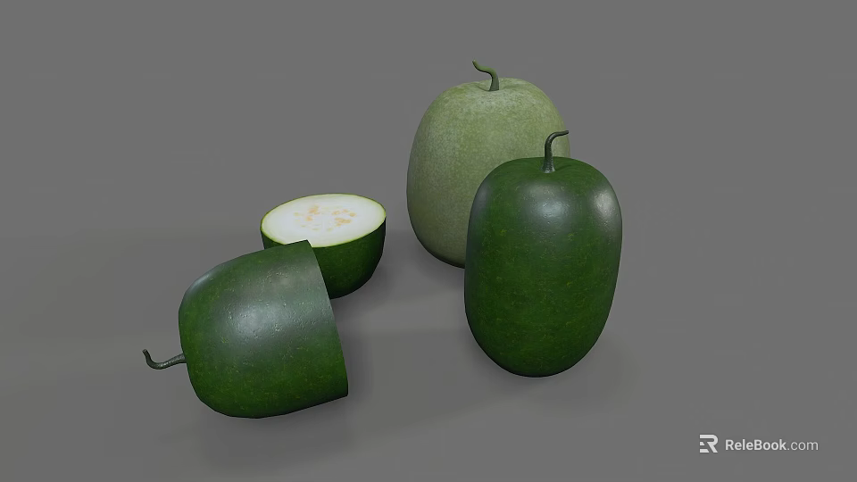 Fresh Vibrant Green Gourd Vegetables Whole And Sliced Showing Inner Texture 3d model 