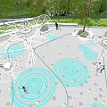 Future Inspired White Tree Structured Sculpture In Plaza With Blue Ground Light Patterns And Pedestrians