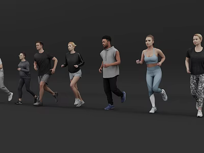 Group of Diverse People Running Together in Casual Active Sportswear Outfits 3d model