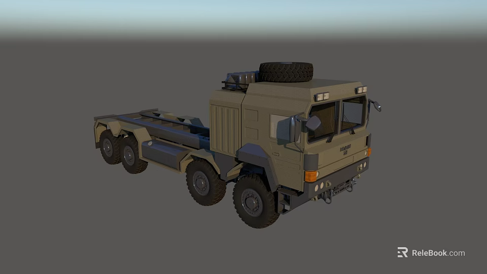 Military Green Six Wheel Flatbed Truck With Spare Tire On Roof 3d model 
