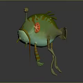 Green Cartoon Fish With Yellow Eyes Orange Spots And Striped Legs