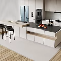 Modern Kitchen Interior Bar Counter Design With Stools And Black Countertop 3d model