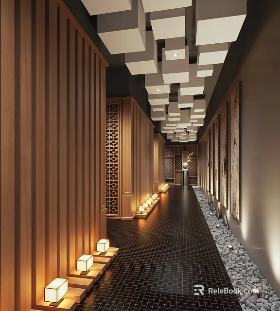 Hotel Corridor With Wooden Walls Carved Lattice Partitions Lantern Style Lights And Dark Floor Tiles 3d model 