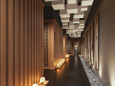 Hotel Corridor With Wooden Walls Carved Lattice Partitions Lantern Style Lights And Dark Floor Tiles 3d model