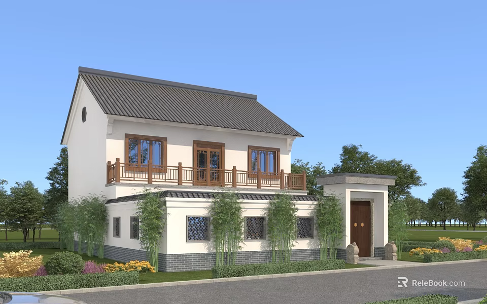 Two Story Detached Villa With White Exterior Gray Roof And Wooden Balcony 3d model 