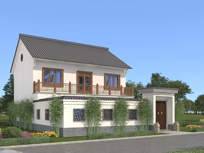 Two Story Detached Villa With White Exterior Gray Roof And Wooden Balcony 3d model