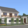 Two Story Detached Villa With White Exterior Gray Roof And Wooden Balcony