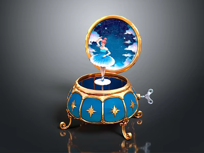 Decorative Commercial Music Box Device with Golden Frame Blue Base Star Patterns and Ballerina Figure 3d model