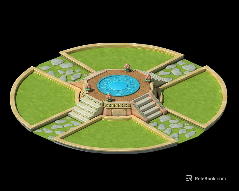 Circular Garden Design With Central Blue Pool Lawn Areas And Stone Paths 3d model