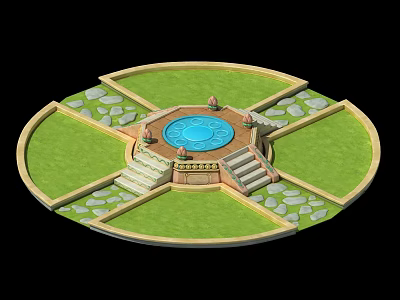 Circular Garden Design With Central Blue Pool Lawn Areas And Stone Paths 3d model
