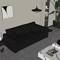 Black Leather Two Seater Sofa in Modern Interior with Abstract Painting Pendant Lamp and Bookshelf