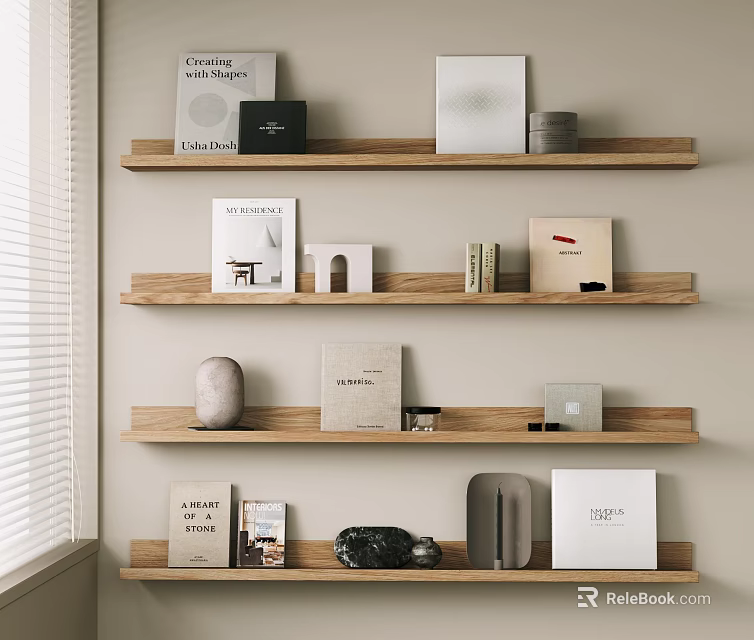 Stylish Decorative Ornaments Books And Items On Wooden Shelves 3d model 