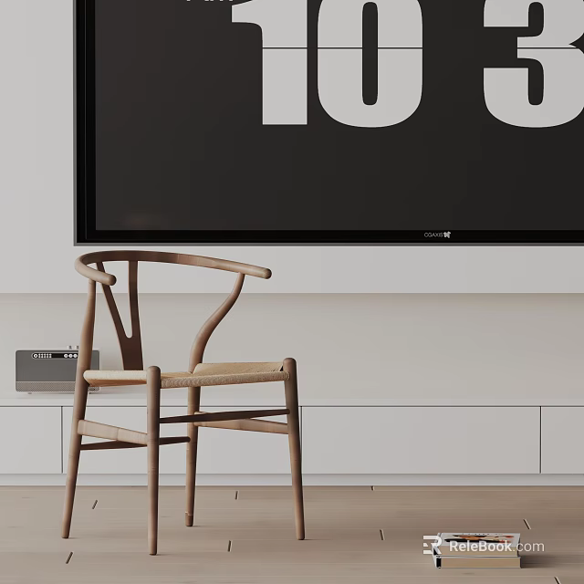 Wooden Leisure Chair With Woven Seat In Modern Living Room Under Large TV Screen 3d model 
