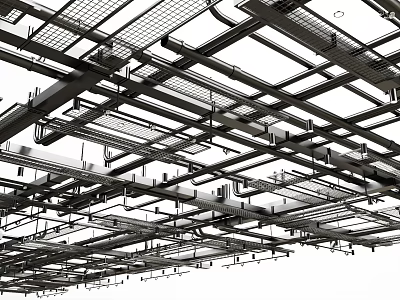 Industrial Metal Pipes Structural Layout On Ceiling In Construction Site 3d model
