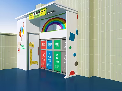 Colorful Garbage Sorting Station With Cartoon Giraffe Rainbow And Balloons Design 3d model