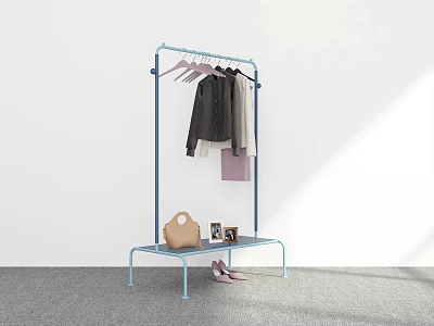 Blue Clothes Rack With Hanging Clothes Brown Handbag Photo Frame Pink Shoes And Storage Shelf 3d model