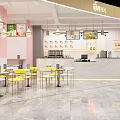 Modern Milk Tea Shop Interior With Yellow Pink Circular Lights Tables Chairs And Counter