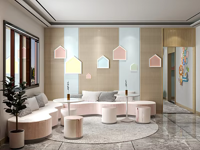 Cozy Modern Lounge Area Interior With Curved Sofa Stools And Colorful Wall Decor 3d model
