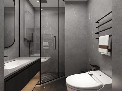 Modern Minimalist Gray Bathroom Equipped With Glass Shower Enclosure Smart Toilet And Practical Wash Basin 3d model