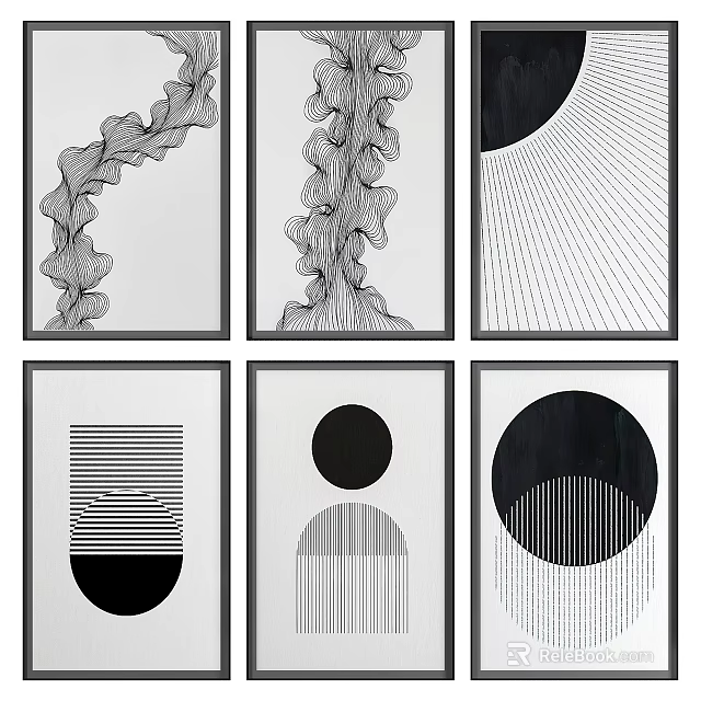 Abstract Black White Wall Art With Modern Geometric Line Design Framed Decor 3d model 