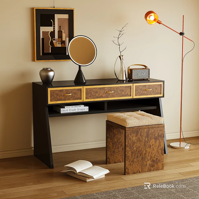 Elegant Dressing Table With Black Frame Gold Drawers Round Mirror Vintage Radio And Wooden Stool 3d model 