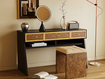 Elegant Dressing Table With Black Frame Gold Drawers Round Mirror Vintage Radio And Wooden Stool 3d model