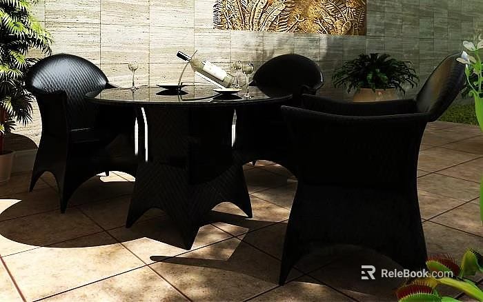 Black Wicker Outdoor Table With Dining Chairs Potted Plants And Stone Wall Background 3d model 